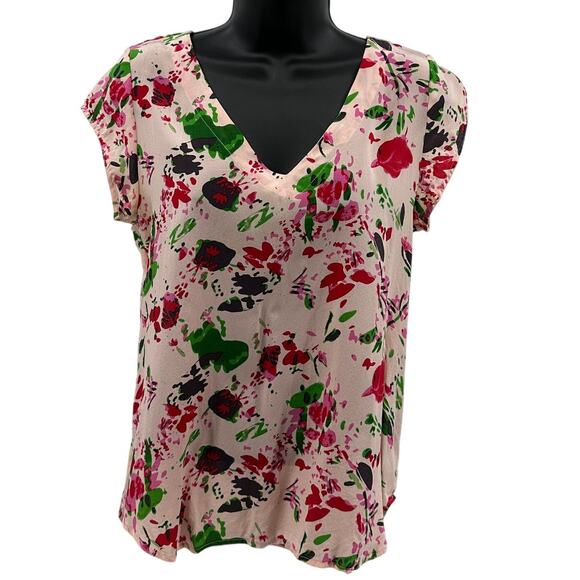 Bayla Jane Silk Blouse WMNS S Pink Floral Splatter Short Sleeve V-Neck Pullover - Picture 1 of 5